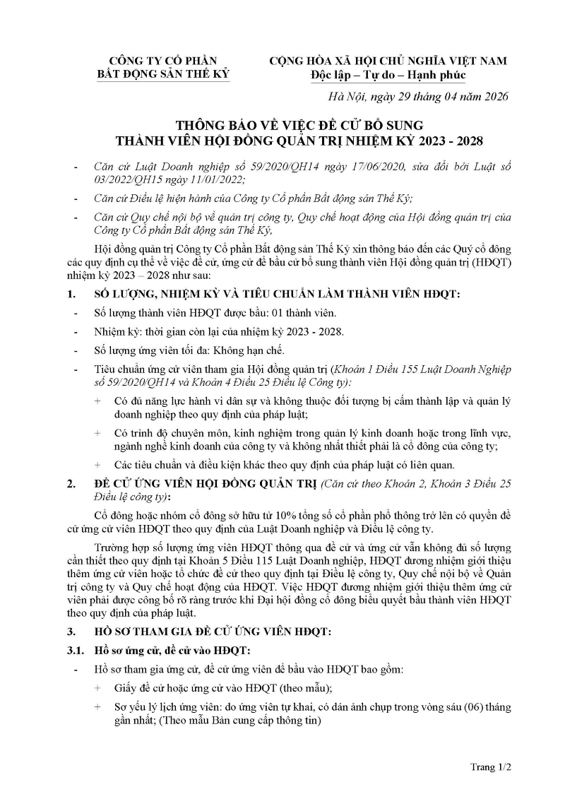 Th&ocirc;ng b&aacute;o về việc đề cử bổ sung Th&agrave;nh vi&ecirc;n Hội đồng quản trị nhiệm kỳ 2023-2028