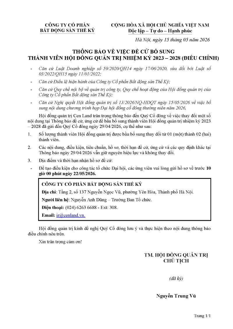 Th&ocirc;ng b&aacute;o về việc đề cử bổ sung Th&agrave;nh vi&ecirc;n Hội đồng quản trị nhiệm kỳ 2023-2028 (Điều chỉnh)